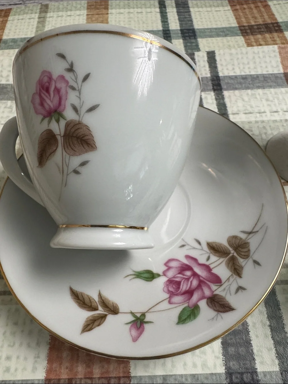 Porcelain Rose-Accent Teacup & Saucer with White Egg Cups